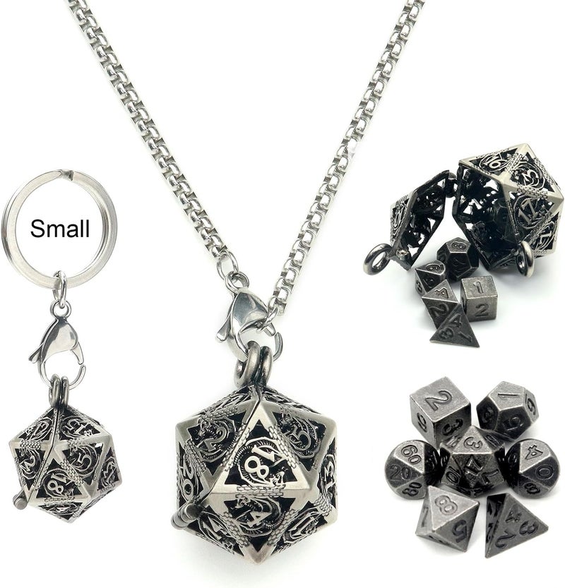 Haxtec Mini Metal D&D Dice Set with Hollow Necklace Case - 7PCS Keychain Portable - Image 1